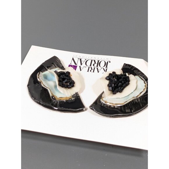 Vintage Karla Jordan Black White Blue Crescent Porcelain 3D Pierced Earrings - Picture 5 of 8